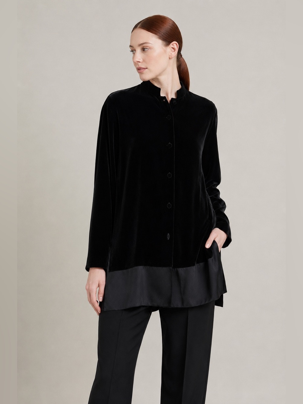 CASUAL CORNER | Vintage Black Silk Velvet Collarless Blouse